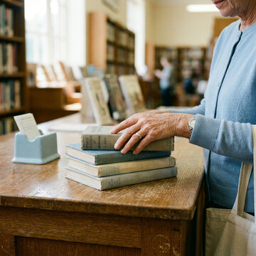 Elderly reader holding a stack of library books at a wooden reading table