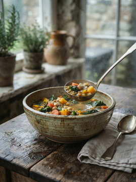 Steaming bowl of vegetable soup on a weathered table by a plant window
