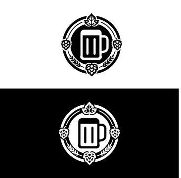 Minimalist craft beer emblem featuring a beer mug and hop cones.