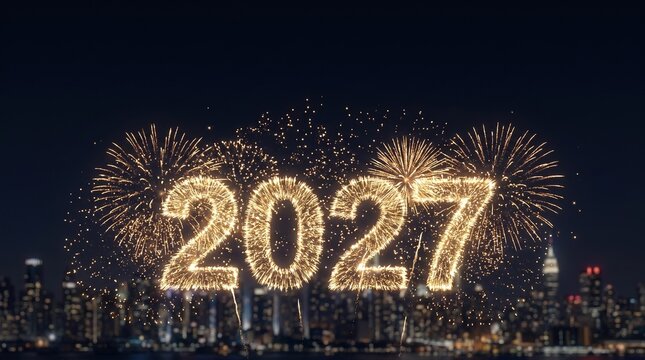 Golden 2027 New Year fireworks display over a city skyline at night.