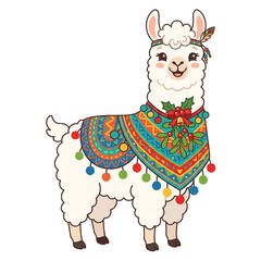 Fototapeta premium Cute cartoon llama wearing festive colorful blanket clipart on transparent background
