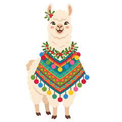 Fototapeta premium Cute llama wearing poncho and festive mistletoe clipart on transparent background