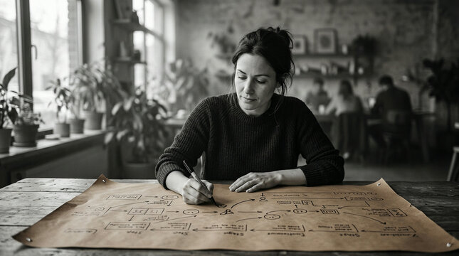 Woman sketching process diagram on large paper at studio table with visible workflow labels