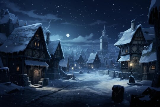 Snowy european town at winter night, traditional buildings glowing under a full moon