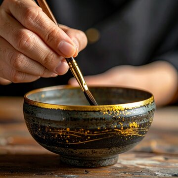 Craftsman applying gold urushi lacquer detail to the rim of a handmade ceramic bowl