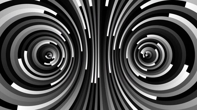 Abstract animated background featuring symmetrical black, white, and gray concentric spiral patterns converging toward two central points