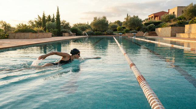 Woman in a black swimsuit swimming freestyle across an outdoor tiled pool