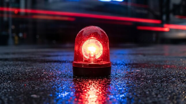 A flashing red emergency light sitting on a wet asphalt surface at night with blurred red and blue light trails from passing traffic in the back