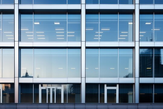 Glass facade of a contemporary office building reflecting blue sky and urban architecture