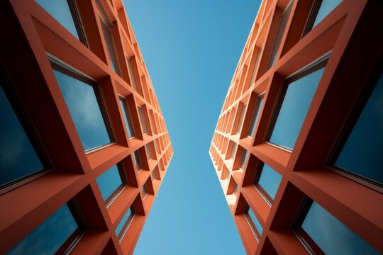 Building facades with orange frames and reflective windows creating a symmetric modern pattern