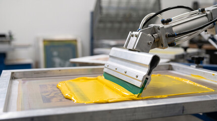 Fototapeta premium Screen printing machine applying yellow ink onto mesh screen