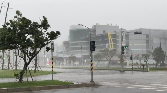 Strong Hurricane Wind And Heavy Rain Hit City Street