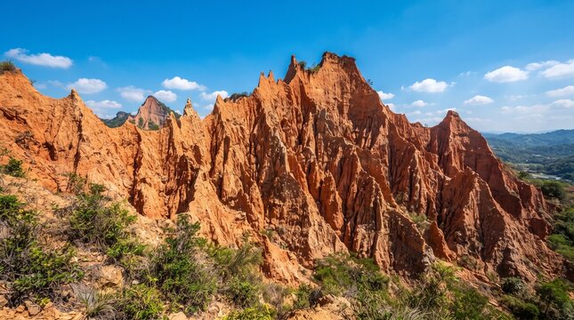 Stunning landscape view of dramatic, jagged orange sandstone cliffs and eroded badlands under a clear blue sky with fluffy white clouds, showcasing geological formations and natural erosion patterns.