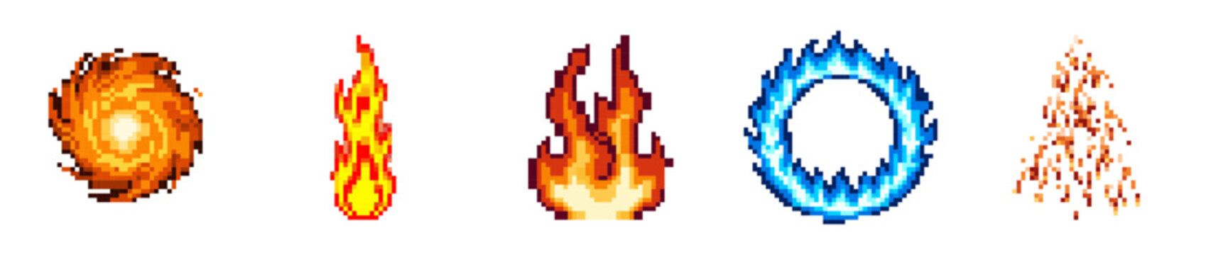 Pixel art vector illustration of fire and flame effects including fireball single flame triple flame blue fire ring and sparks