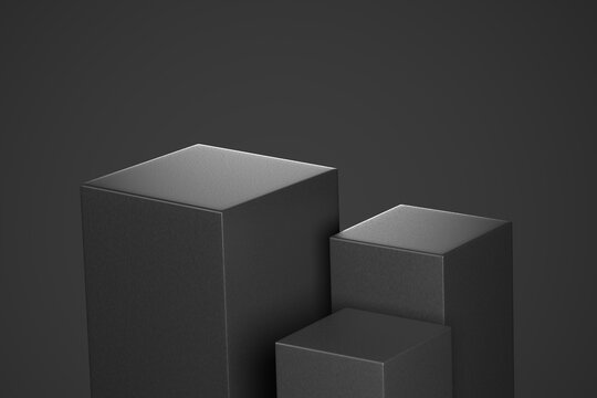 Minimalist black podium pedestals, matte dark geometric cube display stands, elegant 3D stage for luxury product presentation