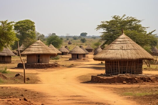 African village showing traditional round huts with straw roofs and a network of dirt paths