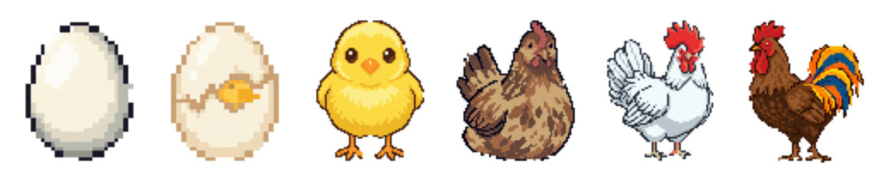 Chicken life cycle from egg to rooster pixel art vector illustration