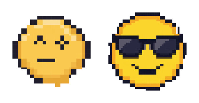 Two pixel art emoji faces showing neutral and cool expressions with sunglasses