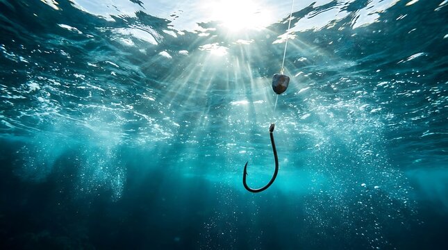 Sharp metal fishing hook submerged underwater with a sinker weight hanging in deep blue ocean water with sun rays piercing the surface above