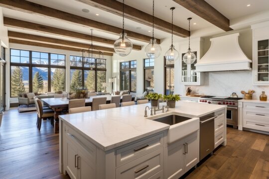 Elegant open plan kitchen featuring a large island, rustic beams, and vast windows overlooking mountains