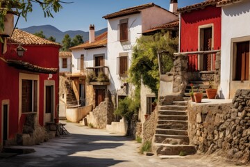 Fototapeta premium Traditional village architecture featuring red and white houses, rocky walls, and outdoor stairs under summer light