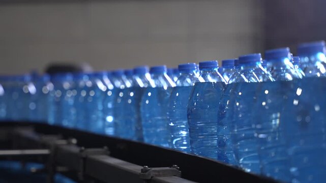 Plastic Water Bottles Moving on Bottling Production Line