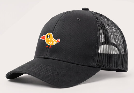 Black Trucker Cap Mockup with Embroidered Logo