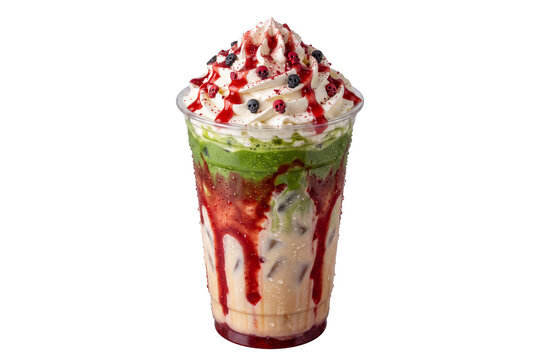 Layered matcha and strawberry coulis iced frappe with whipped cream and skull sprinkles in plastic cup