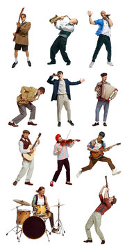 Playful arrangement of energetic singers and instrumental musicians. Concept of musical community and creative expression for youth programs, lessons and festival graphics.
