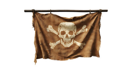 Fototapeta premium Vintage jolly roger pirate flag hanging from a dark wooden rod isolated on white