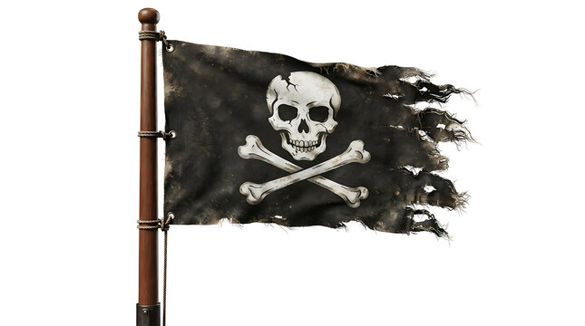 Jolly roger pirate flag waving on a wooden pole against white background