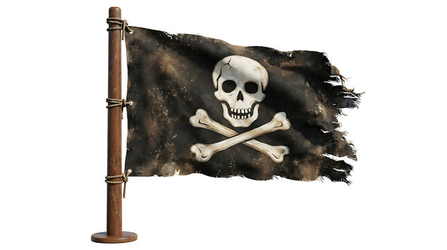 Traditional jolly roger pirate flag waving on a wooden pole isolated on white