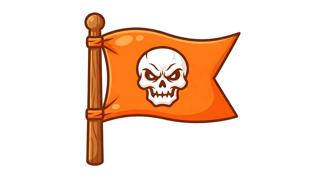 Cartoon pirate flag with a white skull on an orange background isolated on white