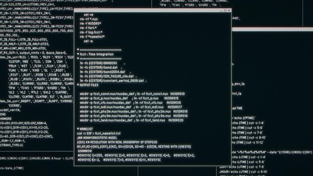 PC画面に白色のプログラミングのコードが打ち込まれていくAIイメージ背景