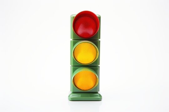 Toy traffic light displaying red stop signal and yellow caution signals on a white background
