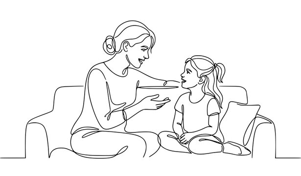 Mother Talking to Daughter Continuous Line Drawing Family Conversation on Sofa Parenting Concept Illustration