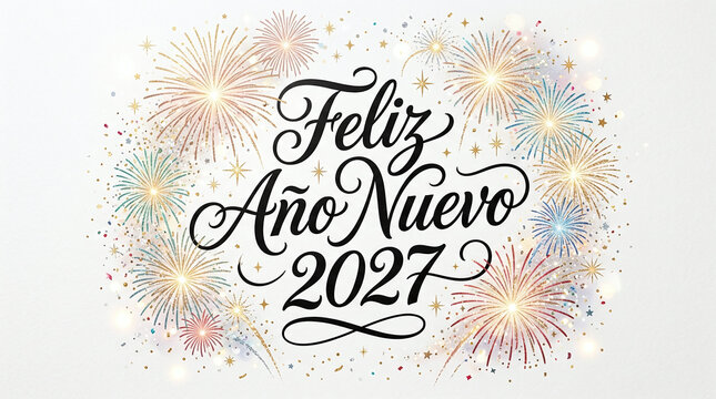 Feliz ano nuevo 2027 calligraphy surrounded by festive fireworks with fireworks