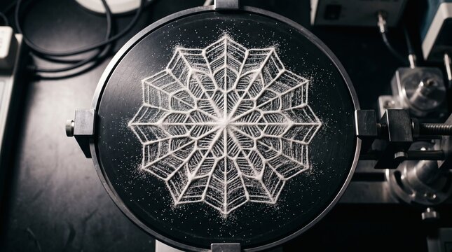 Fine sand forming a symmetrical cymatics pattern on a vibrating plate