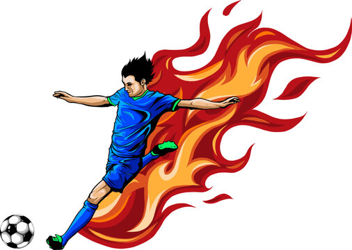 A soccer player kicking a ball with a fire background