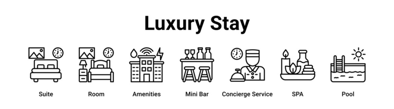 Luxury Stay web banner icon vector illustration concept for business with icon of Suite, Room, Amenities, Mini Bar, Concierge Service.