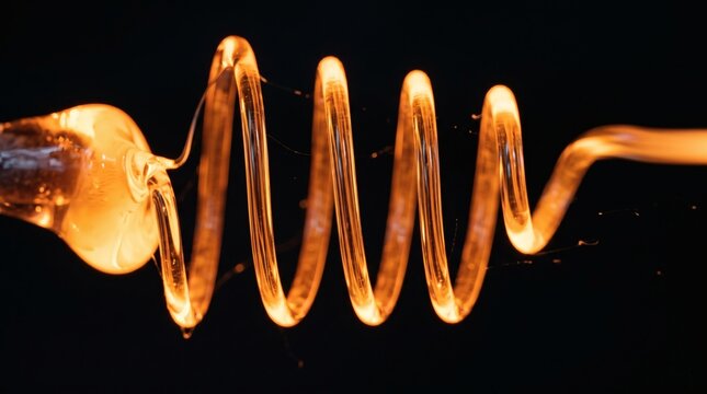 Molten glass thread drawn into a glowing amber spiral on black
