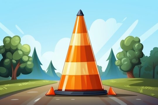 Orange traffic cone representing caution and road work on a path with a natural background