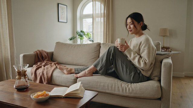 Minimalist lifestyle portrait of young Asian woman relaxing on sofa, serene morning coffee at home, cozy living room interior with neutral tones