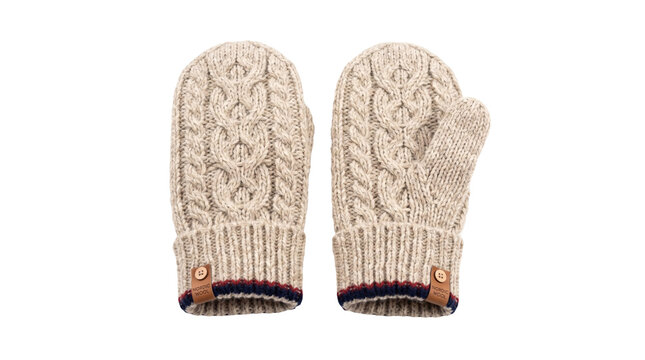 Pair of cream knitted winter mittens on transparent background