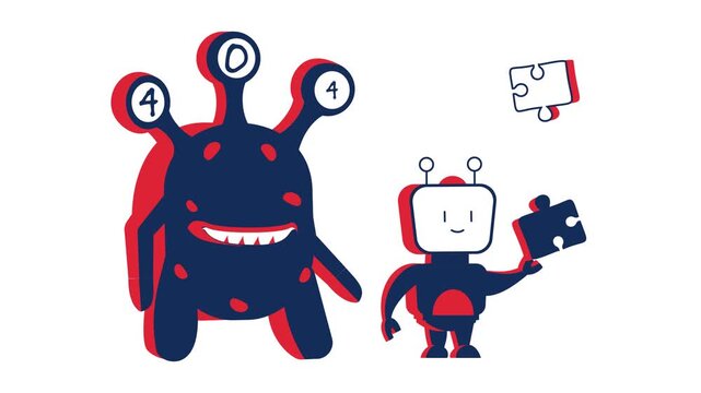 robot facing large monster like creature motion graphics, ai hallucination vs reliable artificial intelligence animation, robotics confronting misinformation animated video,