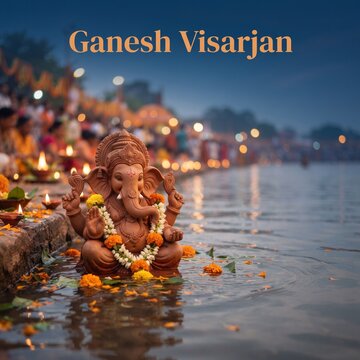 Lord Ganesha idol on decorated river bank during Ganesh Visarjan festival