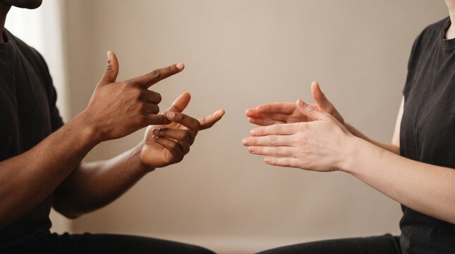 Two people communicating through sign language with expressive hand gestures, representing accessibility, understanding and inclusion