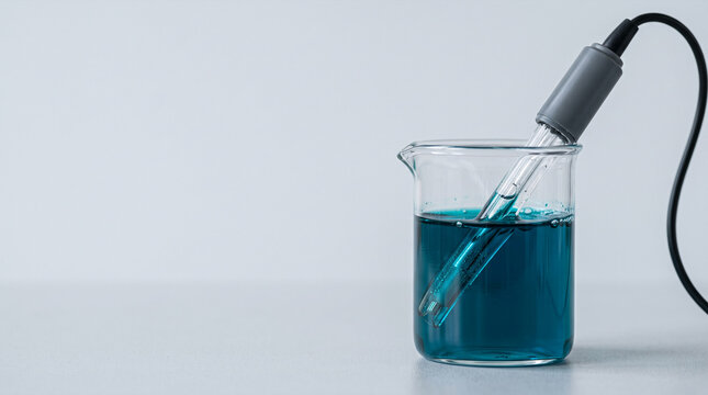 Laboratory probe measures pH of blue liquid in beaker on white surface