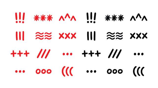 Hand-drawn comic expression symbols, 24 red and black manga emotion icons, decorative doodle punctuation marks for graphic design