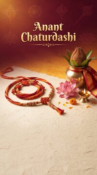 Anant Chaturdashi festival poster with sacred thread and brass kalash setup
